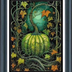 PDF counted cross stitch pattern - Halloween Vines Green Pumpkin. Printable instant digital download. Pattern Keeper compatible.