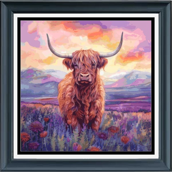 PDF counted cross stitch pattern - Angus the Highland Cow . Printable instant digital download. Pattern Keeper compatible.