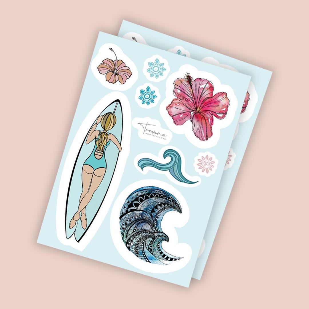 Gril Strand Sticker Surfer Girl Sticker Sheet | Surf Stickers | Beach Stickers | Ocean Wave ...