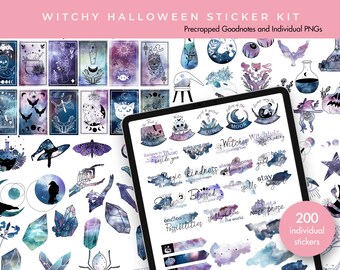 May include: A digital planner page with a witchy Halloween theme. The page features a variety of stickers, including moons, stars, crystals, witches, and potions. The text on the page includes phrases like "Believe in the magic inside you", "Witchful thinking", and "Make your own magic".