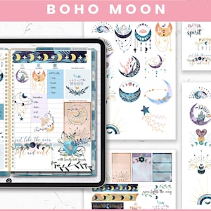 Könnte beinhalten: Ein Set digitaler Planer-Sticker mit einem Boho-Mond-Thema. Die Sticker beinhalten verschiedene Mondphasen, Sterne, Kristalle und florale Elemente in Blautönen, Gold und Lila. Der Text "boho moon" ist in einer dekorativen Schriftart oben im Bild geschrieben.