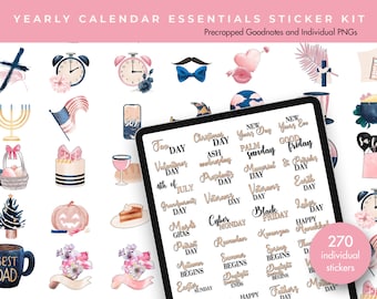 Planner Stickers | Goodnotes Stickers | Digital Sticker Pack | Journal Stickers | Yearly Calendar Essentials Sticker Kit