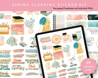 May include: A digital planner sticker kit with 99 individual stickers featuring watercolor illustrations of cleaning supplies, plants, and home decor. The stickers are precropped for use in Goodnotes and other digital note-taking apps. The text "Spring Cleaning Sticker Kit" is at the top of the image.