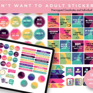 Könnte beinhalten: Ein Set mit 100 bunten Stickern mit humorvollen Sprüchen und Illustrationen zum Thema Erwachsenwerden. Die Sticker sind für die Verwendung in digitalen Planern und Notiz-Apps zugeschnitten. Die Sticker zeigen Sprüche wie "Ich vermisse die Pause", "Erwachsenwerden macht mich zum Weintrinker", "Warum muss ich erwachsen sein?" und "Muss aufpassen".