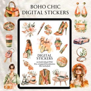 May include: A digital sticker set with 60 individual PNG files. The stickers feature a boho chic theme with illustrations of fashion accessories, a car, a coffee cup, a watch, a lipstick, a flower, a woman, a laptop, a key, a purse, a mirror, and a dollar sign. The stickers are pre-cropped for use in the Goodnotes app.