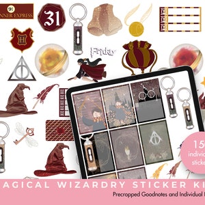 May include: A set of 150 digital stickers featuring a magical wizardry theme. The stickers include a variety of images, including a Hogwarts house crest, a golden snitch, a wizard's hat, a wand, and a clock. The stickers are precropped for use in Goodnotes and other note-taking apps.