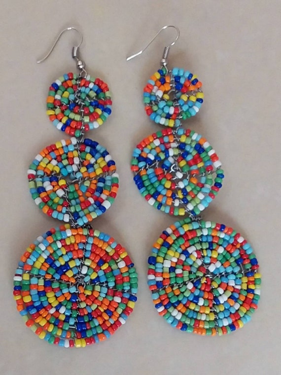 Maasai beaded earrings - African jewelry earrings - Earrings from Africa - Multicolored earrings- three disk