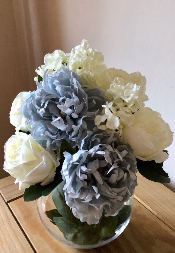 Faux Silk Flower Arrangement Grey Peonies Cream Roses Etsy