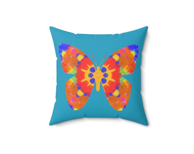 Faux Suede Butterfly Square Pillow (Sea Glass Blue)