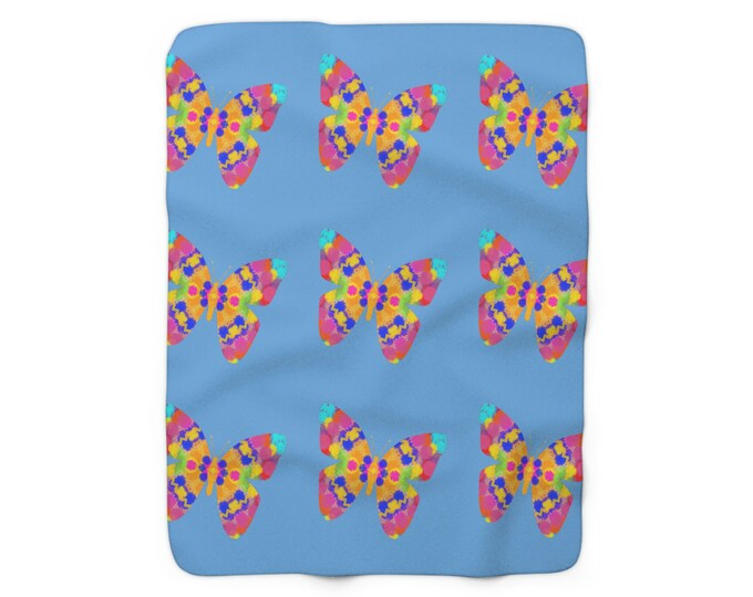 Butterfly Sherpa Fleece Blanket (Hydrangea Blue)