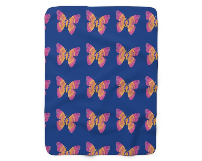 Butterfly Sherpa Fleece Blanket (Indigo Blue)