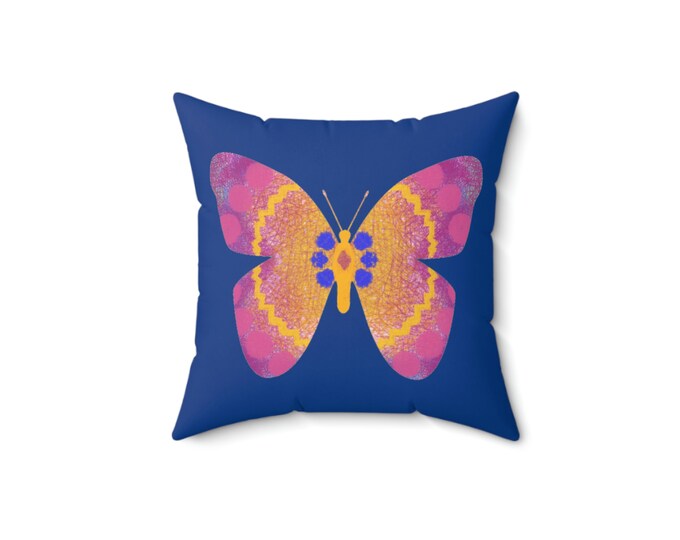 Faux Suede Butterfly Square Pillow (Indigo Blue)