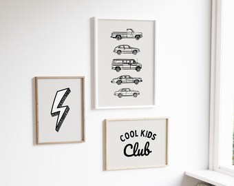 Retro Car Lightning Cool Kids Gallery Wall Set of 3 Downloadable Prints, Neutral Nursery, Kids Room, Quote Play Wall Art, Printable