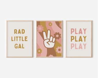 Rad Little Gal Peace Sign Gallery Wall Set of 3 Downloadable Prints, Girl Nursery Decor, Kids Play Room, Quote Play Wall Art, Printable