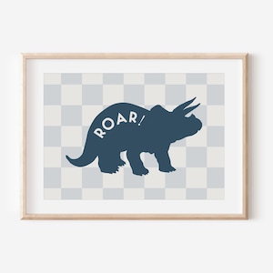 Navy Blue Check Dinosaur Triceratops Downloadable Print, Modern Nursery Decor, Minimalist Neutral Play Room, Kids Wall Art, Printable