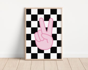 Pink Peace Sign Checker Downloadable Print, Kids Room Wall Art, Modern Nursery Art, Cute Baby Room Art, Digital Print, Kids Room Decor