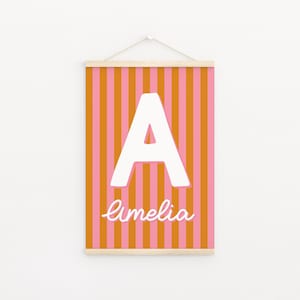 Impressão digital de nome colorido listrado personalizado, placa de nome de berçário, arte de parede com letras retrô, impressão de nome de berçário para crianças, decoração de berçário