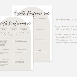 May include: A printable birth preferences checklist with sections for during labor, pain management, in case of c-section, during delivery, after delivery, and notes. The checklist is designed in a minimalist style with a beige background and black text.