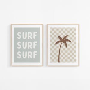 Sage Surf Palm Tree Downloadable Print Set of 2, Surf Nursery Decor, Beach Kids Room, Surfer Room, Beachy Kids Wall Art, Boho Wall Art