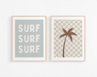 Sage Surf Palm Tree Downloadable Print Set of 2, Surf Nursery Decor, Beach Kids Room, Surfer Room, Beachy Kids Wall Art, Boho Wall Art