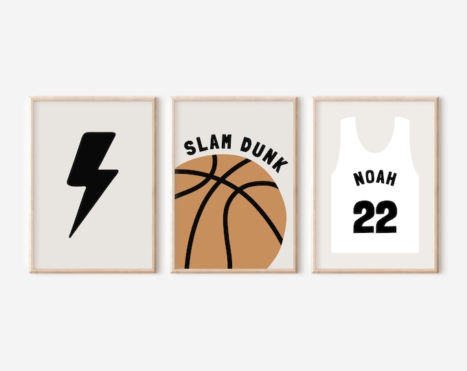 Slam Dunk Personalized Basketball Gallery Wall Set of 3 Downloadable Prints, Monochrome Boy Nursery Decor, Kids Room, Sport Printable