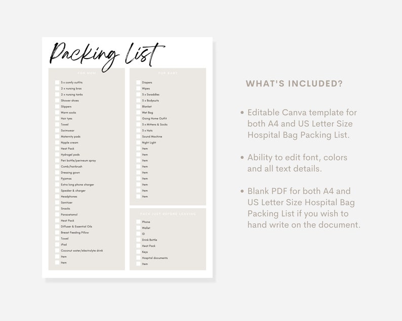 Editable Hospital Bag Checklist Template Canva Template Etsy Canada Editable Hospital Bag Checklist Template Canva Template Etsy Canada