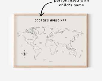 Impresión descargable de mapa del mundo personalizado, decoración de guardería para niños, habitación infantil, decoración de pared para sala de juegos neutra, arte de pared infantil con cita, imprimible