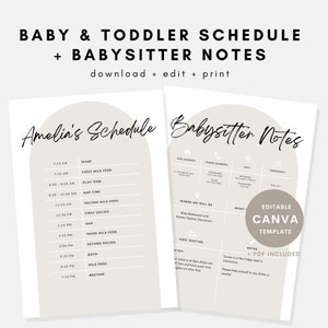 Modello modificabile di programma per neonati e bambini piccoli + note per babysitter, modello Canva, routine minimalista neutra stampabile, download immediato, PDF