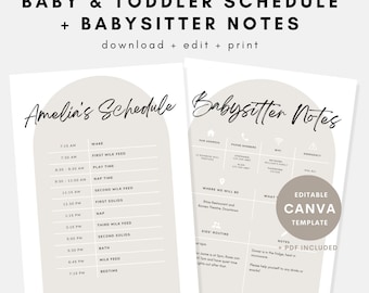 Editable Baby & Toddler Schedule + Babysitter Notes Template, Canva Template, Printable Neutral Minimalist Routine, Instant Download, PDF