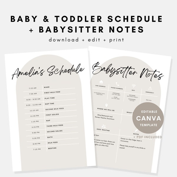 Editable Baby & Toddler Schedule + Babysitter Notes Template, Canva Template, Printable Neutral Minimalist Routine, Instant Download, PDF