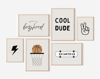 Personalized Name Skateboard Basketball Gallery Wall Set of 6 Downloadable Prints, Sport Boy Nursery Decor, Quote Play Wall Art, Printable