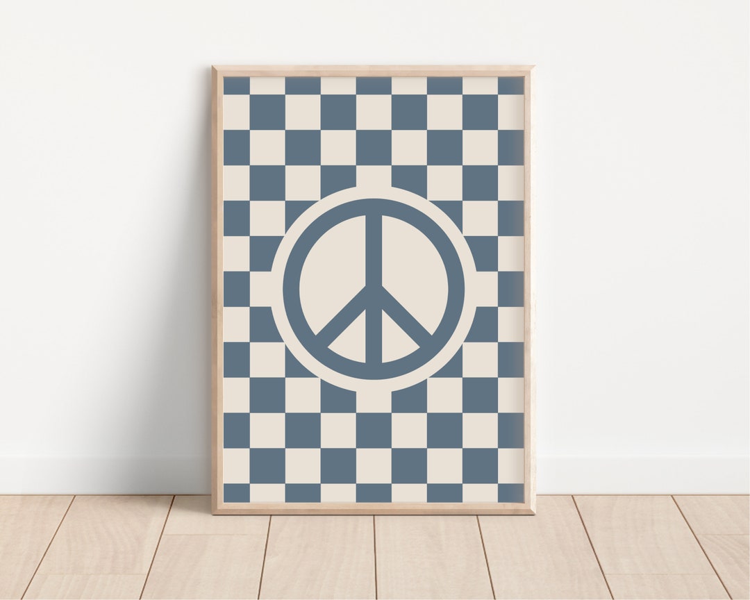 Peace Sign Neutral Checker Peace Sign Digital Print, Retro Nursery Decor, Checkerboard ...