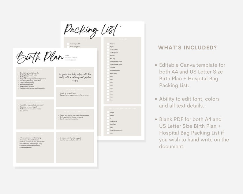 Editable Birth Plan Template Canva Template Simple Printable Etsy