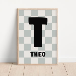 Impressão digital com inicial e nome personalizados, arte de parede moderna Checker, impressão inicial de sala de jogos para meninas e meninos, impressão inicial de quarto infantil