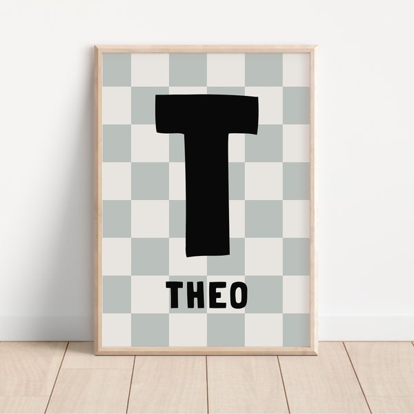 Personalized Initial and Name Digital Print, Checker Modern Wall Art, Play Room Initial Print for Girls and Boys, Kids Room Initial Print