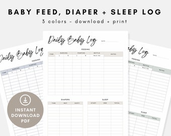 Puede incluir: Registro de bebé imprimible con secciones para alimentación, cambios de pañal y sueño. El registro tiene un diseño simple con un fondo gris claro y texto negro. El texto "Daily Baby Log" está escrito en cursiva en la parte superior de la página.