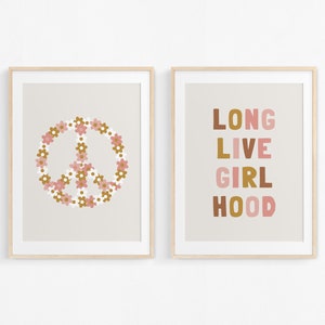 Long Live Girlhood Flower Peace Gallery Wall Set of 2 Downloadable Prints, Girl Nursery Decor, Kids Room, Quote Play Wall Art, Printable