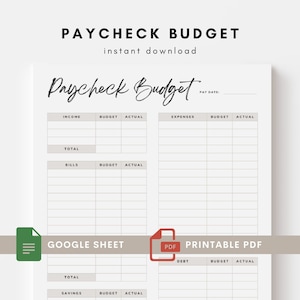 Paycheck Budget Digital Download Printable, Simple Budget Printable PDF, Google Sheets Template, Neutral Minimalist, Instant Download