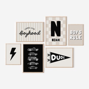 Personalisierte Name Jungen Regel Boyhood Blitz Bolt Galeriewand Set von 6 herunterladbare Drucke, Auto Junge Kinderzimmer Dekor, Wandkunst, printable