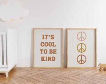 It's Cool To Be Kind Peace Sign Gallery Set of 2 Downloadable Prints, Nursery Decor, Kids Room, Kids Wall Art, Boho Wall Art, Retro Wall Art