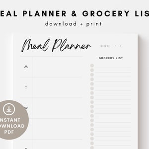 Maaltijdplanner en boodschappenlijst afdrukbaar, minimalistische eenvoudige boodschappenlijst maaltijdplanner combo, pdf-formaat A4 en US Letter, direct downloaden