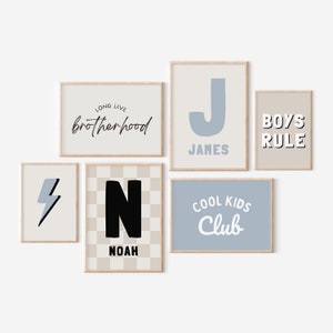 Personalized Brotherhood Blue Gallery Wall Set of 6 Downloadable Prints, Boys Rule, Twin Boy Nursery Decor, Play Room Wall Art, Printable