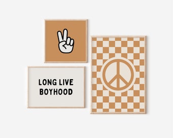 Long Live Boyhood Checker Peace Gallery Wall Set of 3 Downloadable Prints, Boy Nursery Decor, Neutral Kids Room, Play Room, Printable