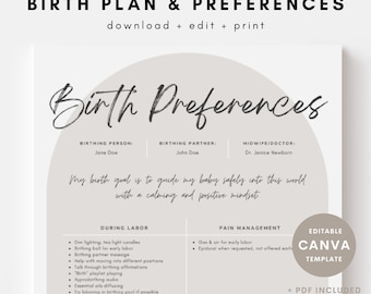 Editable Birth Plan Template, Canva Template, Simple Printable Birthing Plan, Labor And Delivery Preferences, Birth Preferences