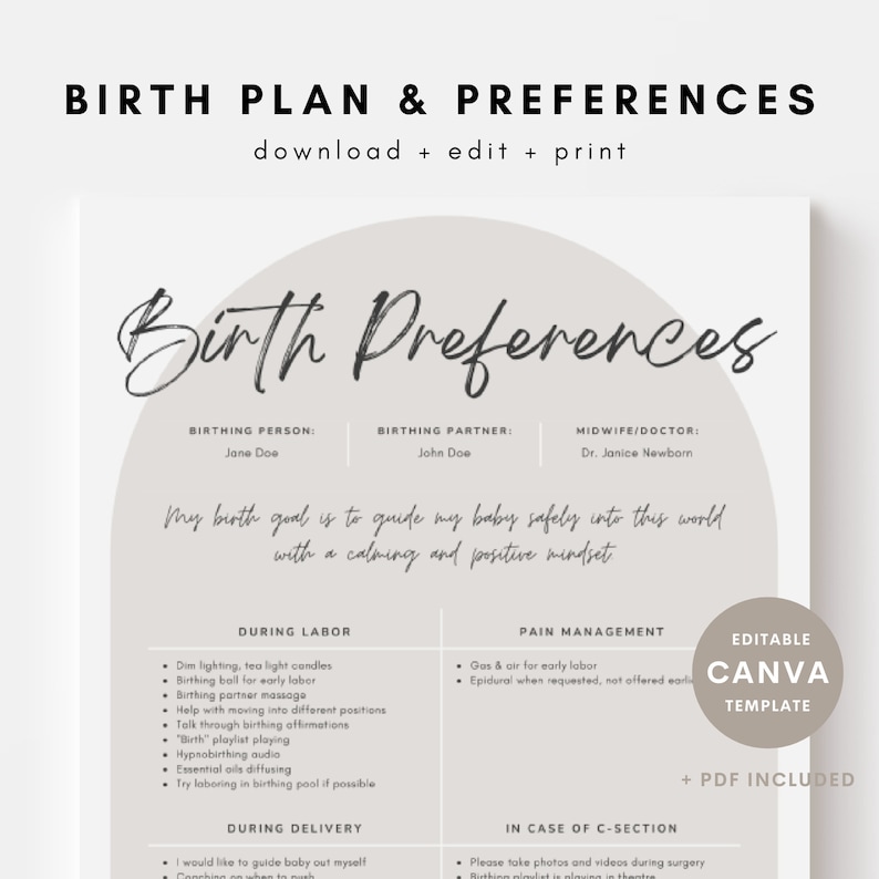 May include: A printable birth plan and preferences template with a light gray background. The template includes sections for birthing person, partner, midwife/doctor, during labor, pain management, during delivery, and in case of c-section. The text "Birth Preferences" is written in a large, handwritten font. The template is editable in Canva and includes a PDF download.