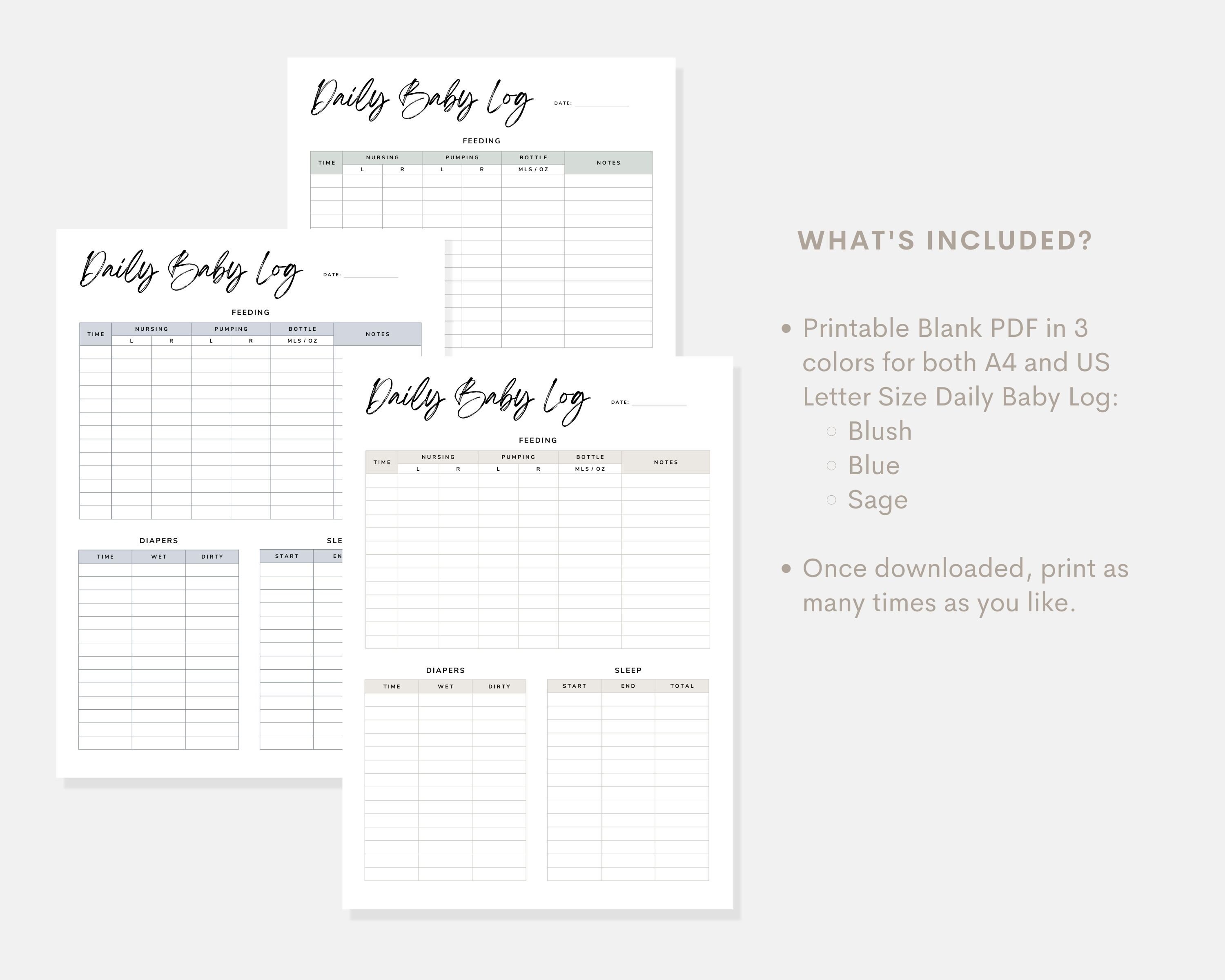 Daily Baby Log Digital Download Printable, Simple PDF Baby Log, Neutral ...
