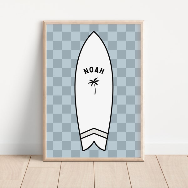 Personalized Name Surfboard Downloadable Print, Nursery Name Decor, Kids Room, Checker Print Neutral Wall Decor, Kids Wall Art, Printable