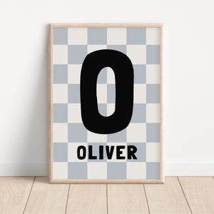 Personalized Initial and Name Digital Print, Checker Modern Wall Art, Play Room Initial Print for Girls and Boys, Kids Room Initial Print