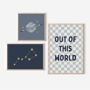 Out Of This World Gallery Wall Set of 3 Downloadable Prints, Boy Nursery Decor, Navy Kids Room, Quote Play Wall Art, Planet Space Printable