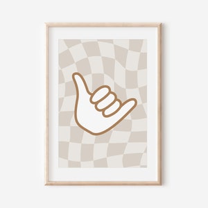 Impresión descargable Shaka de cuadros ondulados en color canela, decoración de guardería con tema de surf, habitación infantil con tema de playa, habitación con temática de surf, arte de pared infantil con cita playera